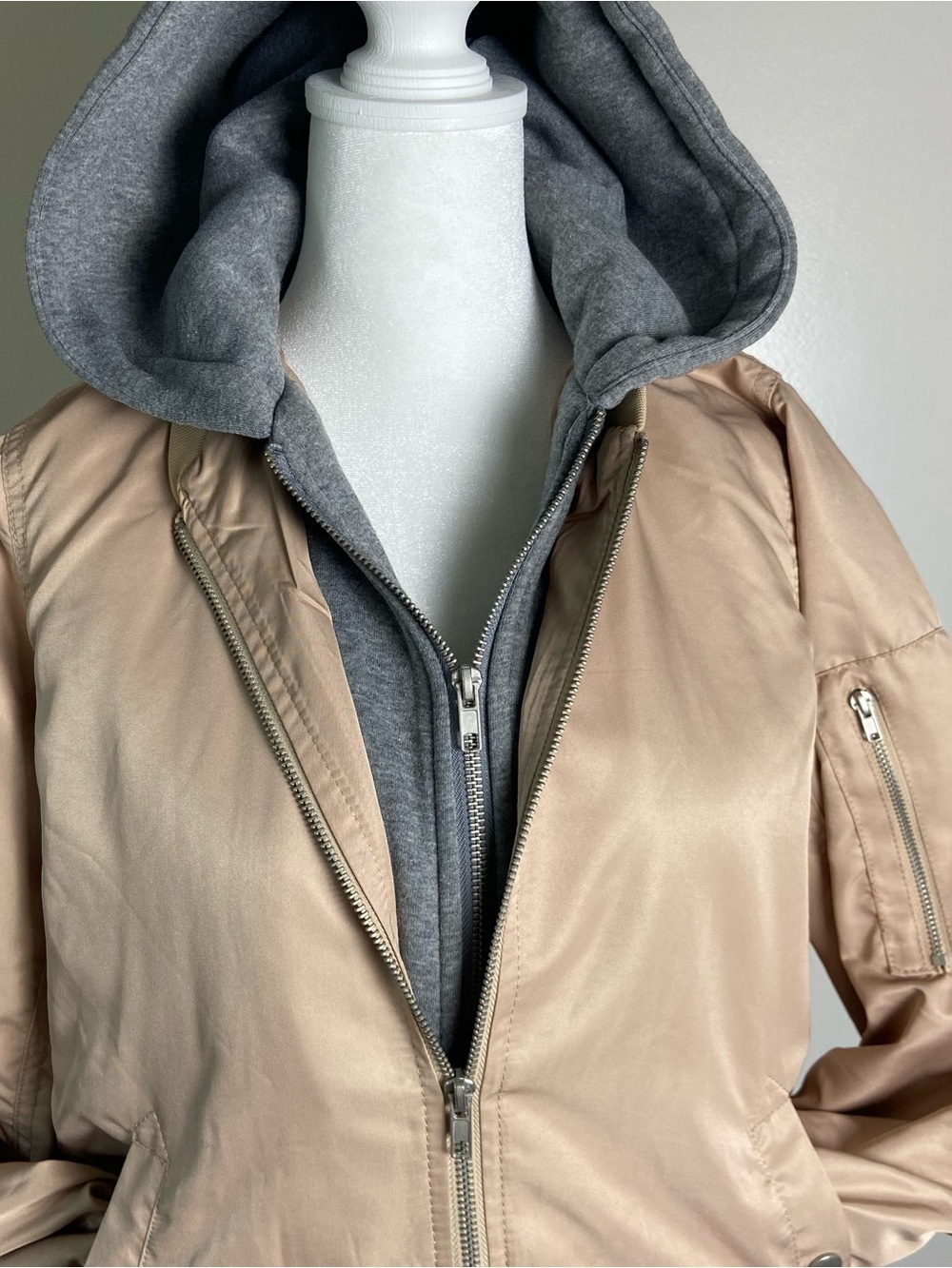 Forever 21 Beige Bomber Jacket with Gray Hoodie Layer
